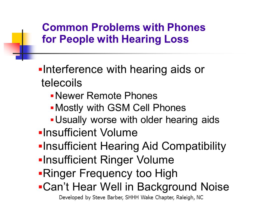 Developed by Steve Barber, SHHH Wake Chapter, Raleigh, NC Common Problems with Phones for People with Hearing Loss Interference with hearing aids or telecoils Newer Remote Phones Mostly with GSM Cell Phones Usually worse with older hearing aids Insufficient Volume Insufficient Hearing Aid Compatibility Insufficient Ringer Volume Ringer Frequency too High Cant Hear Well in Background Noise
