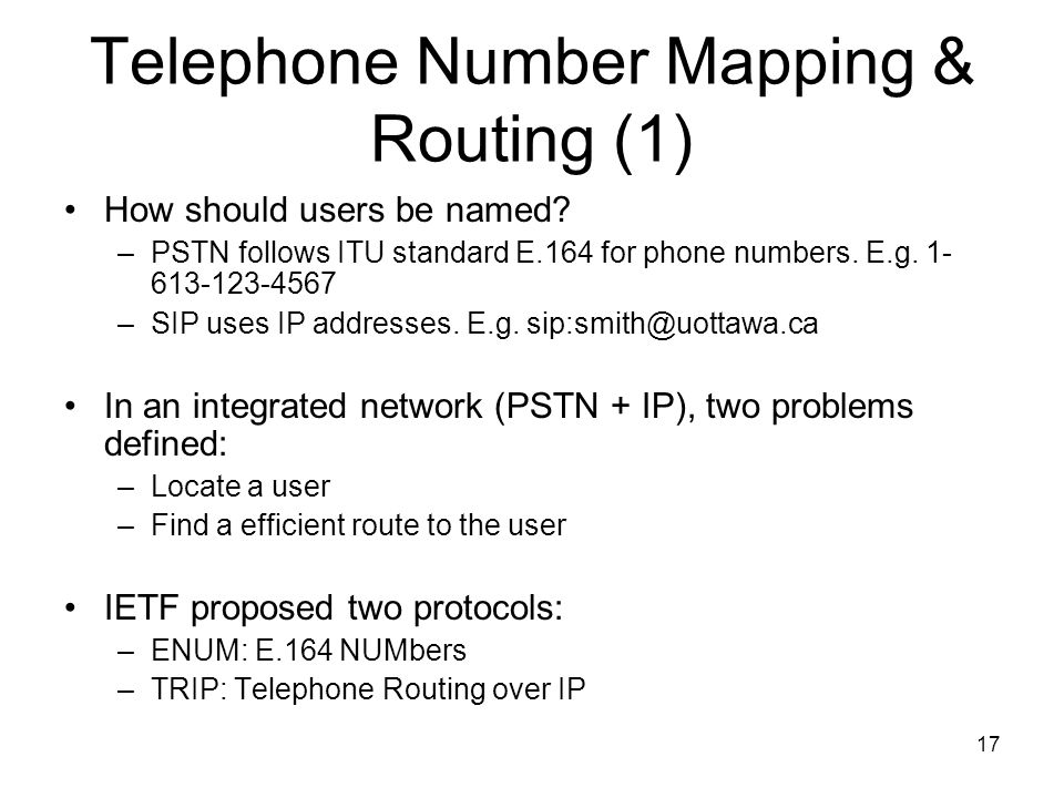 17 Telephone Number Mapping & Routing (1) How should users be named.