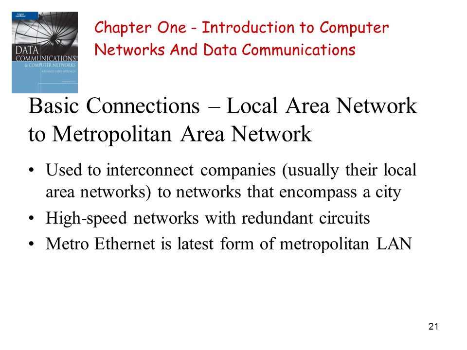 21 Basic Connections – Local Area Network to Metropolitan Area Network Used to interconnect companies (usually their local area networks) to networks that encompass a city High-speed networks with redundant circuits Metro Ethernet is latest form of metropolitan LAN Chapter One - Introduction to Computer Networks And Data Communications