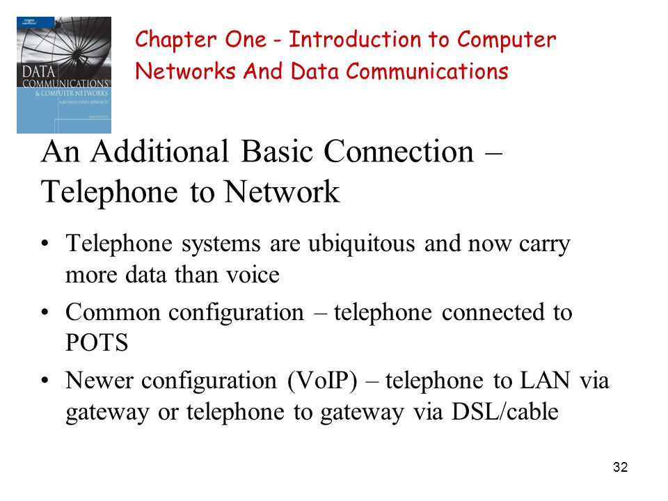 32 An Additional Basic Connection – Telephone to Network Telephone systems are ubiquitous and now carry more data than voice Common configuration – telephone connected to POTS Newer configuration (VoIP) – telephone to LAN via gateway or telephone to gateway via DSL/cable Chapter One - Introduction to Computer Networks And Data Communications