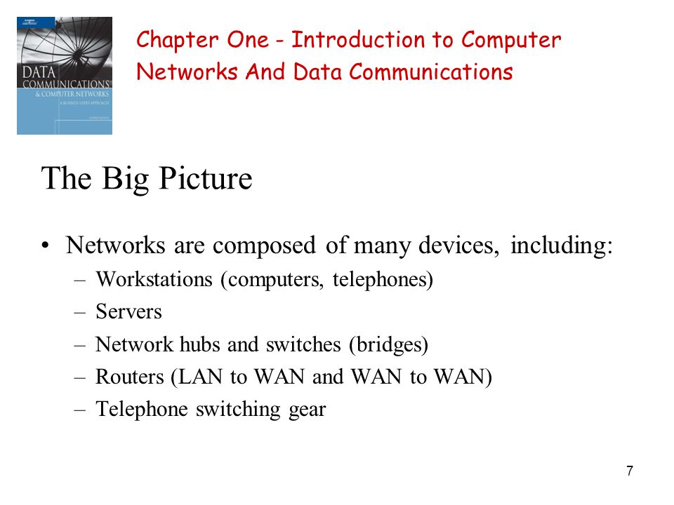 7 The Big Picture Networks are composed of many devices, including: –Workstations (computers, telephones) –Servers –Network hubs and switches (bridges) –Routers (LAN to WAN and WAN to WAN) –Telephone switching gear Chapter One - Introduction to Computer Networks And Data Communications