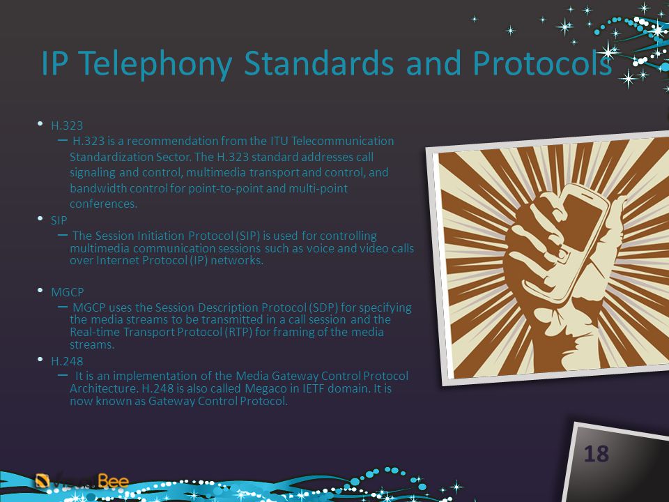 IP Telephony Standards and Protocols 18 H.323 – H.323 is a recommendation from the ITU Telecommunication Standardization Sector.