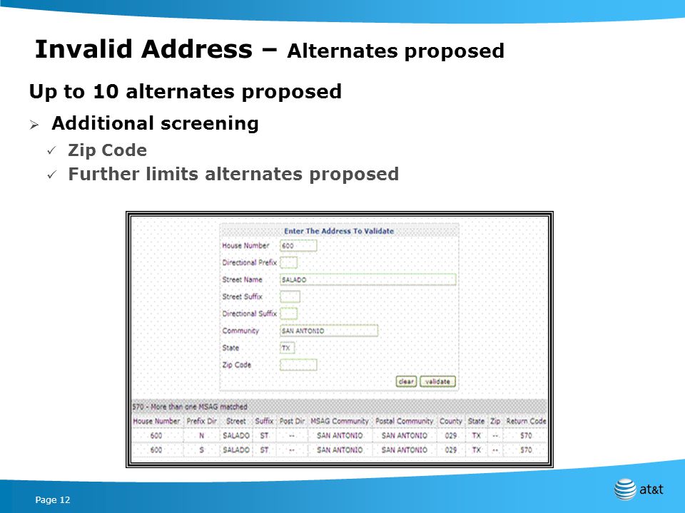 Page 12 Invalid Address – Alternates proposed Up to 10 alternates proposed Additional screening Zip Code Further limits alternates proposed