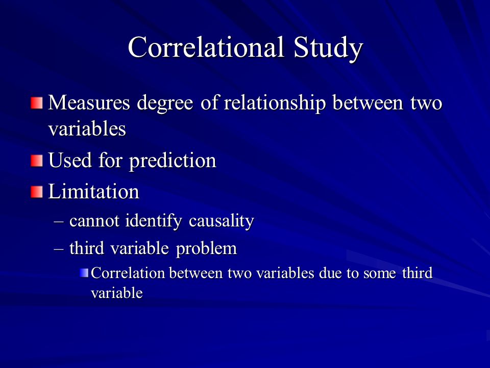 Correlational Study Measures degree of relationship between two variables Used for prediction Limitation –cannot identify causality –third variable problem Correlation between two variables due to some third variable