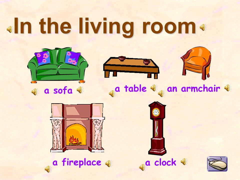 In the living room a sofa a fireplace an armchaira table a clock