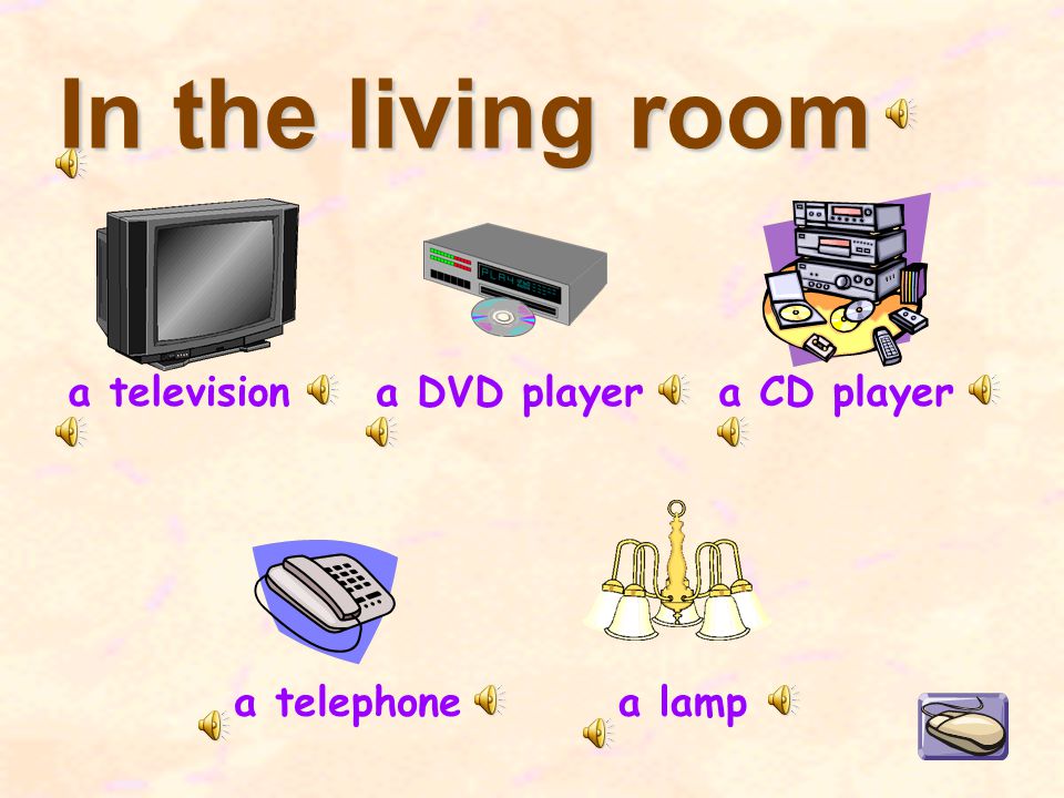 In the living room a television a telephone a CD player a lamp a DVD player