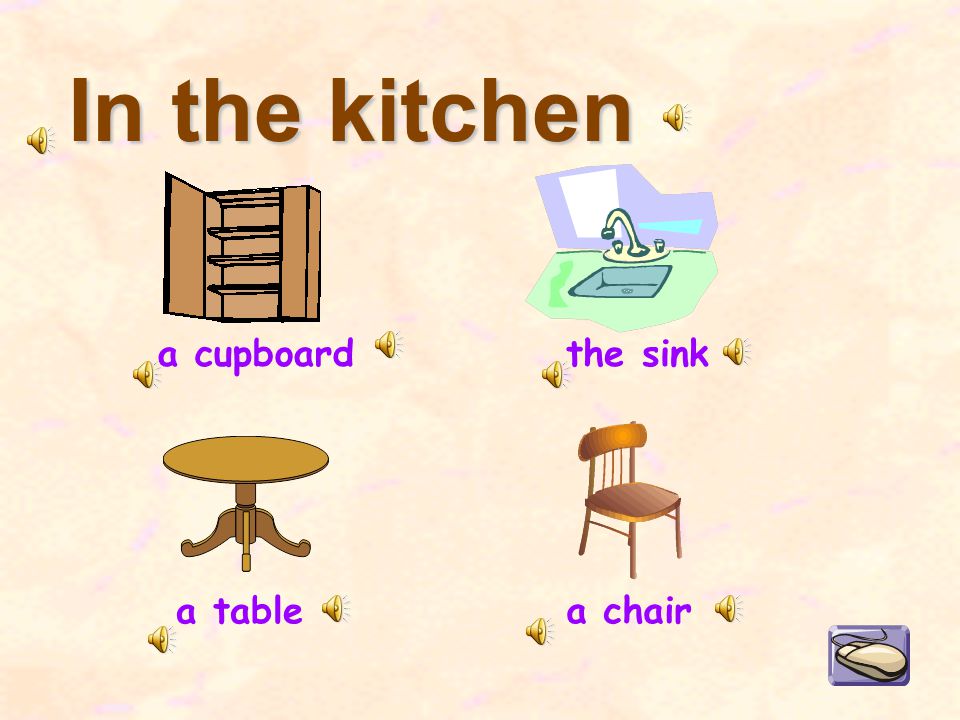 In the kitchen a cupboard a table the sink a chair