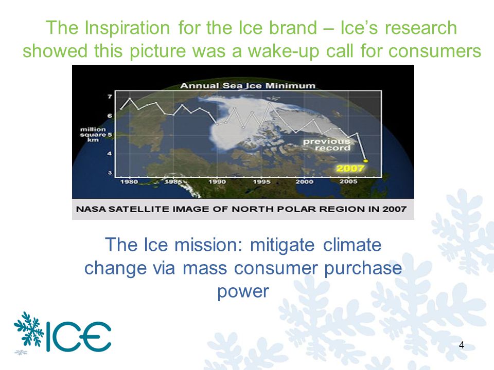 4 The Inspiration for the Ice brand – Ices research showed this picture was a wake-up call for consumers Source: NRDC The Ice mission: mitigate climate change via mass consumer purchase power