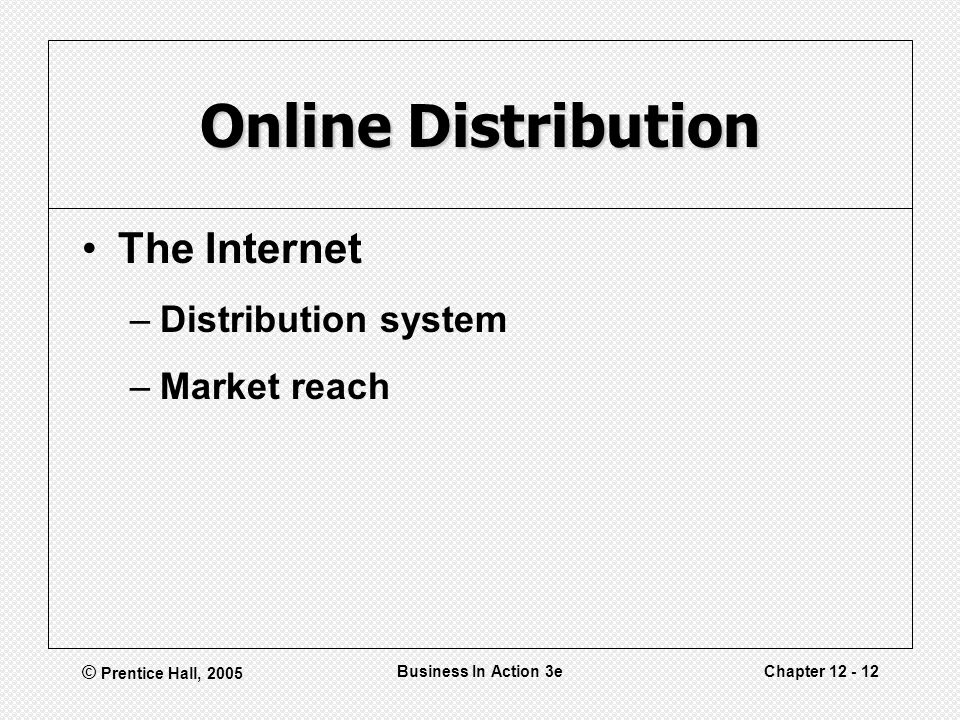 © Prentice Hall, 2005 Business In Action 3eChapter Online Distribution The Internet –Distribution system –Market reach