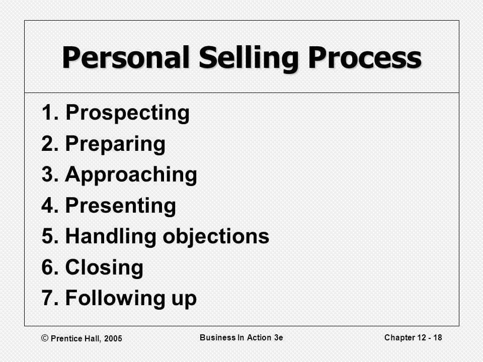 © Prentice Hall, 2005 Business In Action 3eChapter Personal Selling Process 1.