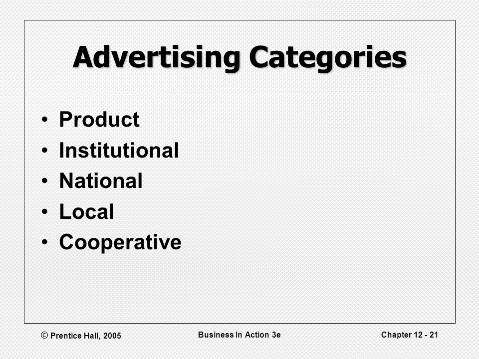 © Prentice Hall, 2005 Business In Action 3eChapter Advertising Categories Product Institutional National Local Cooperative