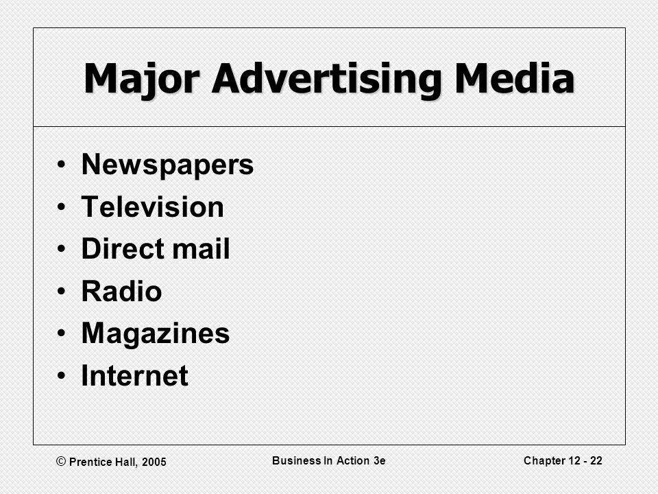 © Prentice Hall, 2005 Business In Action 3eChapter Major Advertising Media Newspapers Television Direct mail Radio Magazines Internet