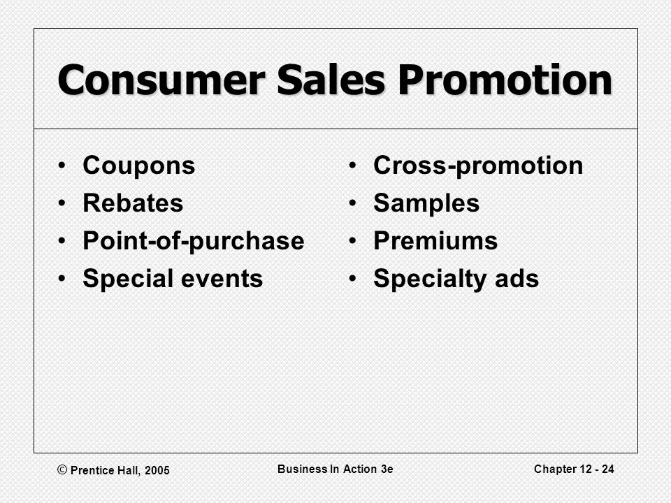 © Prentice Hall, 2005 Business In Action 3eChapter Consumer Sales Promotion Coupons Rebates Point-of-purchase Special events Cross-promotion Samples Premiums Specialty ads