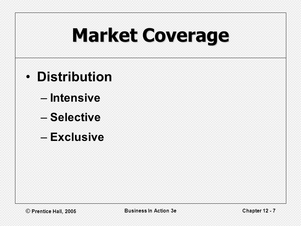 © Prentice Hall, 2005 Business In Action 3eChapter Market Coverage Distribution –Intensive –Selective –Exclusive