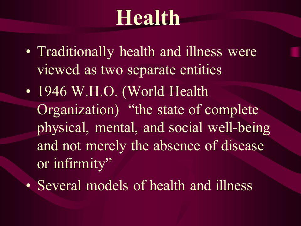 Health Traditionally health and illness were viewed as two separate entities 1946 W.H.O.