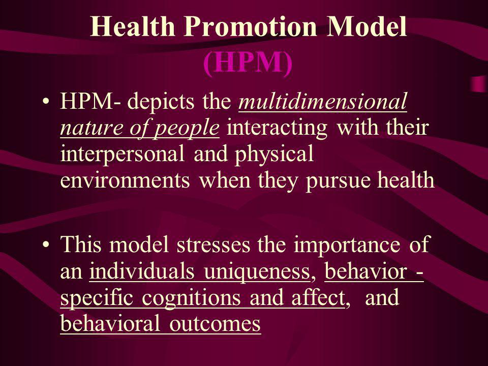 Health Promotion Model (HPM) HPM- depicts the multidimensional nature of people interacting with their interpersonal and physical environments when they pursue health This model stresses the importance of an individuals uniqueness, behavior - specific cognitions and affect, and behavioral outcomes