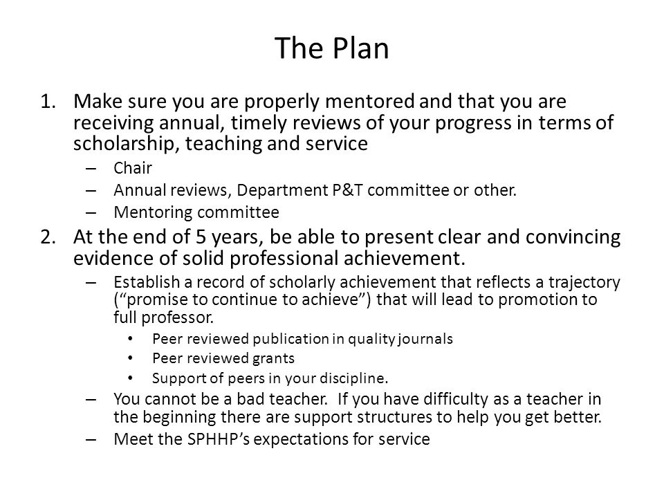 The Plan 1.Make sure you are properly mentored and that you are receiving annual, timely reviews of your progress in terms of scholarship, teaching and service – Chair – Annual reviews, Department P&T committee or other.