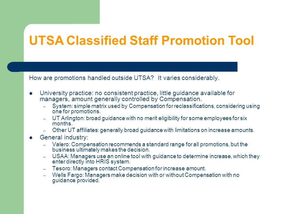 How are promotions handled outside UTSA. It varies considerably.