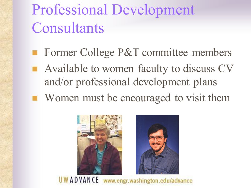 Professional Development Consultants Former College P&T committee members Available to women faculty to discuss CV and/or professional development plans Women must be encouraged to visit them