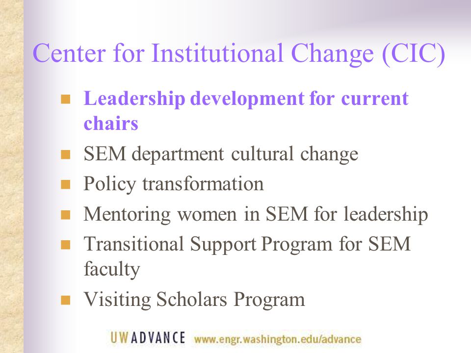 Center for Institutional Change (CIC) Leadership development for current chairs SEM department cultural change Policy transformation Mentoring women in SEM for leadership Transitional Support Program for SEM faculty Visiting Scholars Program