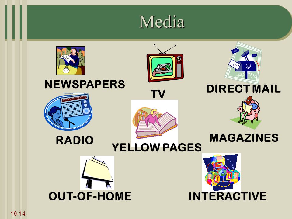 19-14 Media TV MAGAZINES NEWSPAPERS DIRECT MAIL RADIO OUT-OF-HOMEINTERACTIVE YELLOW PAGES