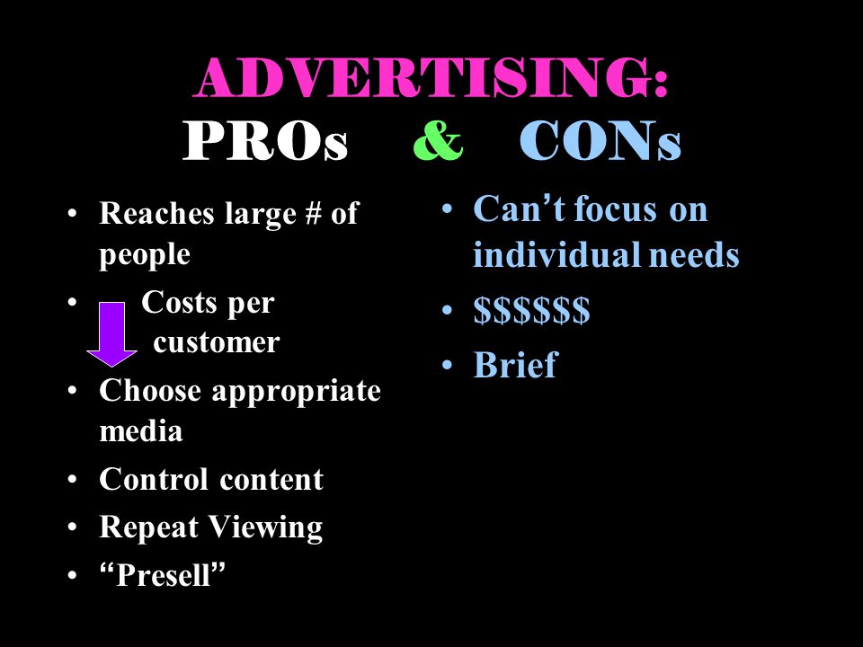 ADVERTISING: PROs & CONs Reaches large # of people Costs per customer Choose appropriate media Control content Repeat Viewing Presell Cant focus on individual needs $$$$$$ Brief