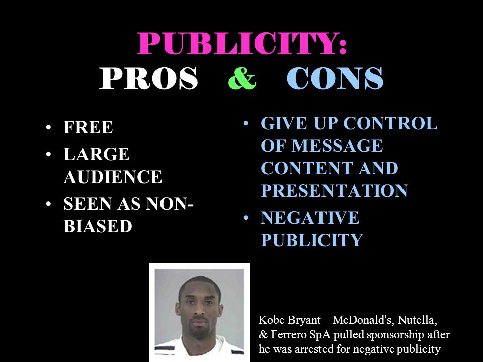 PUBLICITY: PROS & CONS FREE LARGE AUDIENCE SEEN AS NON- BIASED GIVE UP CONTROL OF MESSAGE CONTENT AND PRESENTATION NEGATIVE PUBLICITY Kobe Bryant – McDonald s, Nutella, & Ferrero SpA pulled sponsorship after he was arrested for negative publicity