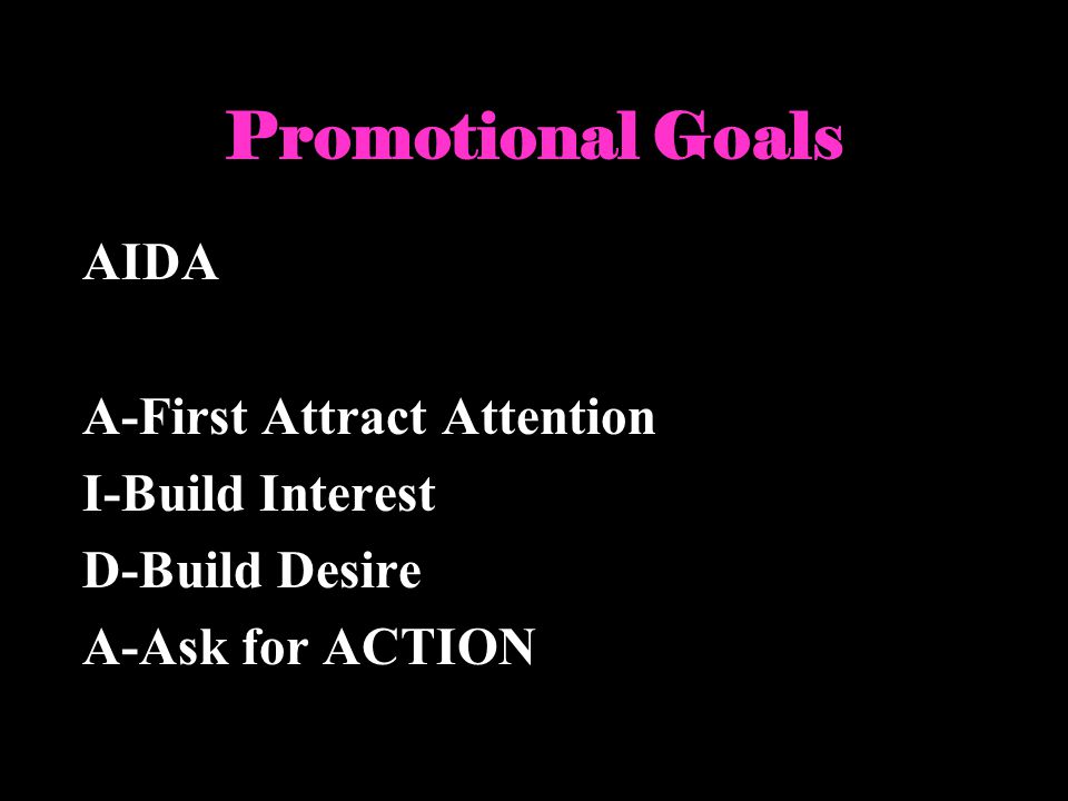 Promotional Goals AIDA A-First Attract Attention I-Build Interest D-Build Desire A-Ask for ACTION