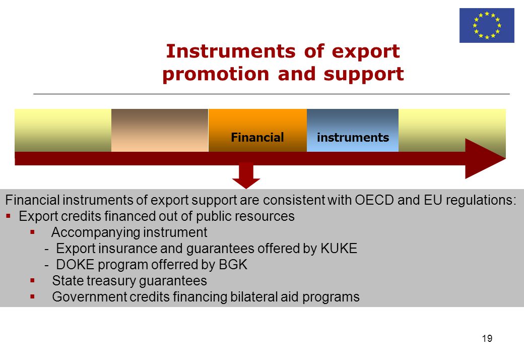 19 Instruments of export promotion and support Financialinstruments Financial instruments of export support are consistent with OECD and EU regulations: Export credits financed out of public resources Accompanying instrument - Export insurance and guarantees offered by KUKE - DOKE program offerred by BGK State treasury guarantees Government credits financing bilateral aid programs