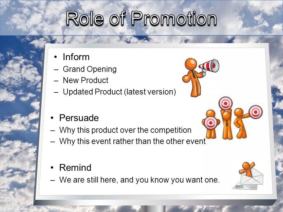 Inform –Grand Opening –New Product –Updated Product (latest version) Persuade –Why this product over the competition –Why this event rather than the other event Remind –We are still here, and you know you want one.