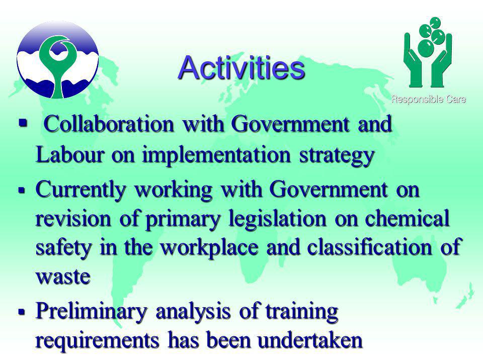 Activities Collaboration with Government and Labour on implementation strategy Collaboration with Government and Labour on implementation strategy Currently working with Government on revision of primary legislation on chemical safety in the workplace and classification of waste Currently working with Government on revision of primary legislation on chemical safety in the workplace and classification of waste Preliminary analysis of training requirements has been undertaken Preliminary analysis of training requirements has been undertaken