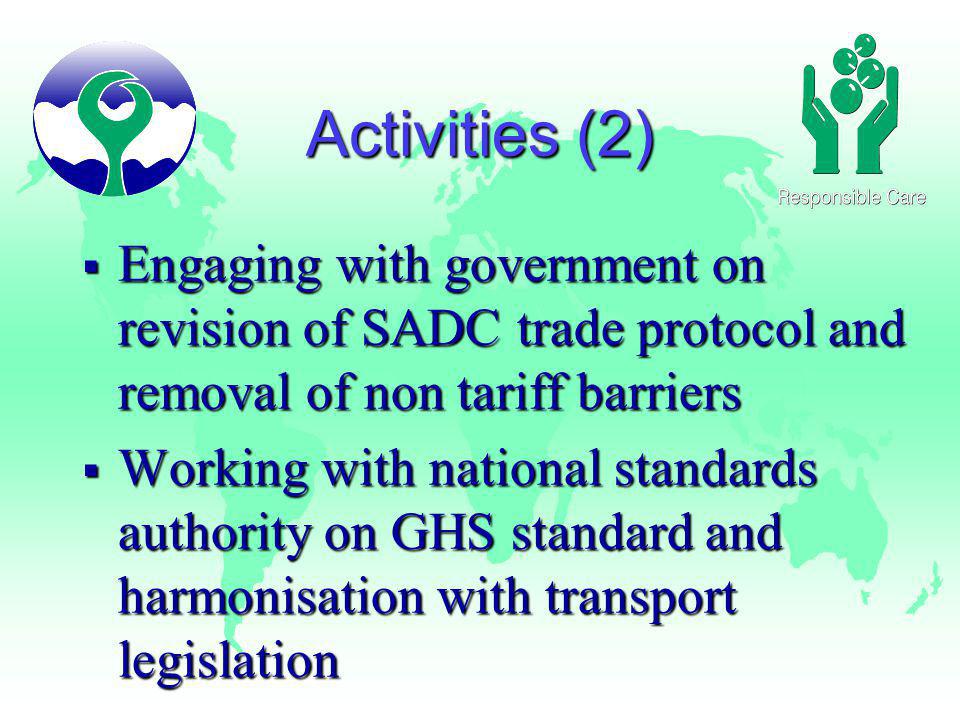 Activities (2) Engaging with government on revision of SADC trade protocol and removal of non tariff barriers Engaging with government on revision of SADC trade protocol and removal of non tariff barriers Working with national standards authority on GHS standard and harmonisation with transport legislation Working with national standards authority on GHS standard and harmonisation with transport legislation