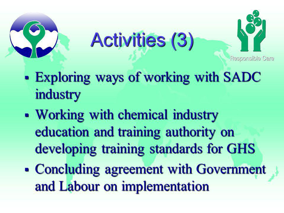 Activities (3) Exploring ways of working with SADC industry Exploring ways of working with SADC industry Working with chemical industry education and training authority on developing training standards for GHS Working with chemical industry education and training authority on developing training standards for GHS Concluding agreement with Government and Labour on implementation Concluding agreement with Government and Labour on implementation