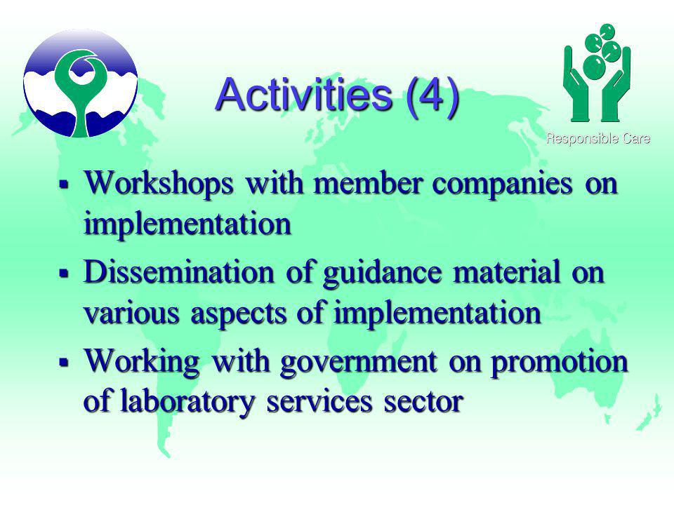 Activities (4) Workshops with member companies on implementation Workshops with member companies on implementation Dissemination of guidance material on various aspects of implementation Dissemination of guidance material on various aspects of implementation Working with government on promotion of laboratory services sector Working with government on promotion of laboratory services sector