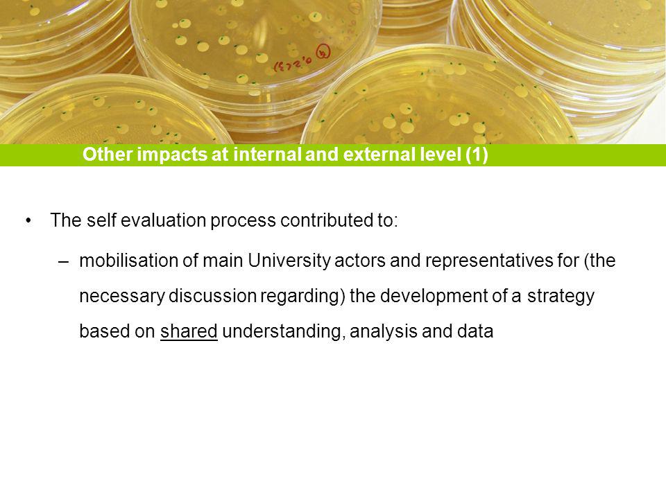 Other impacts at internal and external level (1) The self evaluation process contributed to: –mobilisation of main University actors and representatives for (the necessary discussion regarding) the development of a strategy based on shared understanding, analysis and data