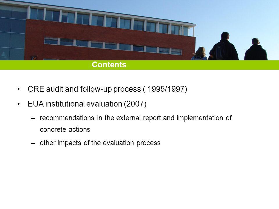Contents CRE audit and follow-up process ( 1995/1997) EUA institutional evaluation (2007) –recommendations in the external report and implementation of concrete actions –other impacts of the evaluation process