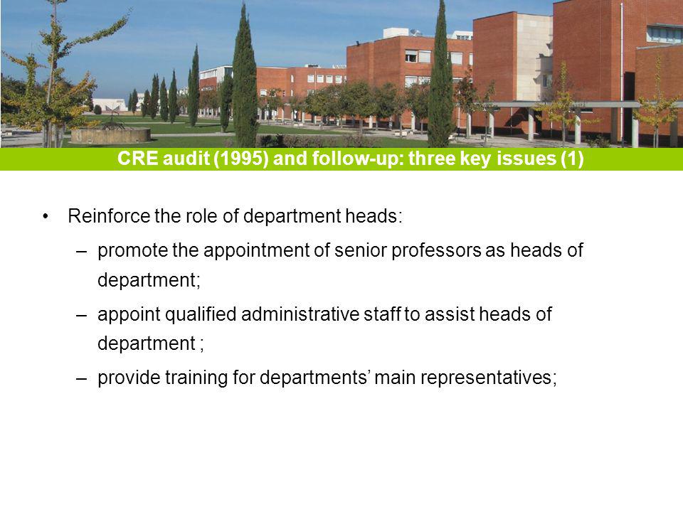 CRE audit (1995) and follow-up: three key issues (1) Reinforce the role of department heads: –promote the appointment of senior professors as heads of department; –appoint qualified administrative staff to assist heads of department ; –provide training for departments main representatives;