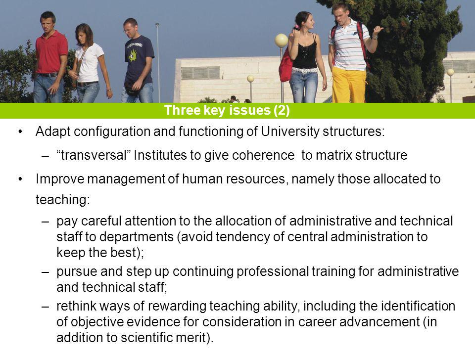 Adapt configuration and functioning of University structures: –transversal Institutes to give coherence to matrix structure Improve management of human resources, namely those allocated to teaching: –pay careful attention to the allocation of administrative and technical staff to departments (avoid tendency of central administration to keep the best); –pursue and step up continuing professional training for administrative and technical staff; –rethink ways of rewarding teaching ability, including the identification of objective evidence for consideration in career advancement (in addition to scientific merit).
