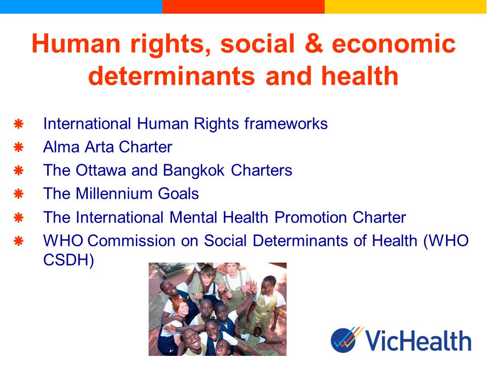 Human rights, social & economic determinants and health International Human Rights frameworks Alma Arta Charter The Ottawa and Bangkok Charters The Millennium Goals The International Mental Health Promotion Charter WHO Commission on Social Determinants of Health (WHO CSDH)
