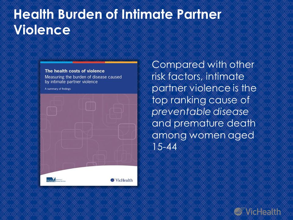 Health Burden of Intimate Partner Violence Compared with other risk factors, intimate partner violence is the top ranking cause of preventable disease and premature death among women aged 15-44
