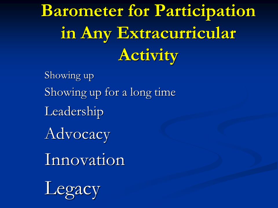Barometer for Participation in Any Extracurricular Activity Showing up Showing up for a long time LeadershipAdvocacyInnovationLegacy