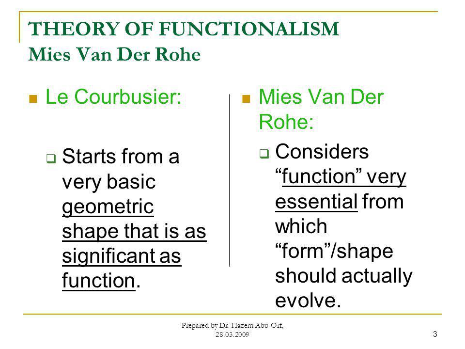 THEORY OF FUNCTIONALISM Mies Van Der Rohe Prepared by Dr.