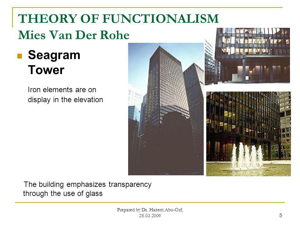THEORY OF FUNCTIONALISM Mies Van Der Rohe Seagram Tower Iron elements are on display in the elevation Prepared by Dr.