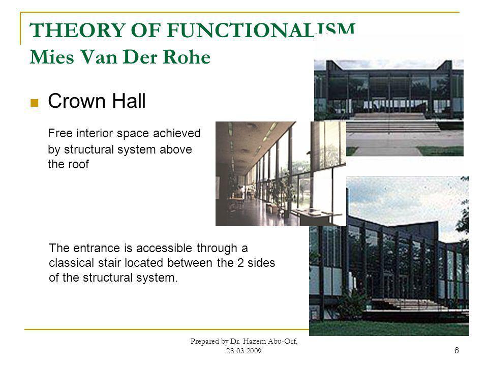 THEORY OF FUNCTIONALISM Mies Van Der Rohe Crown Hall Free interior space achieved by structural system above the roof Prepared by Dr.
