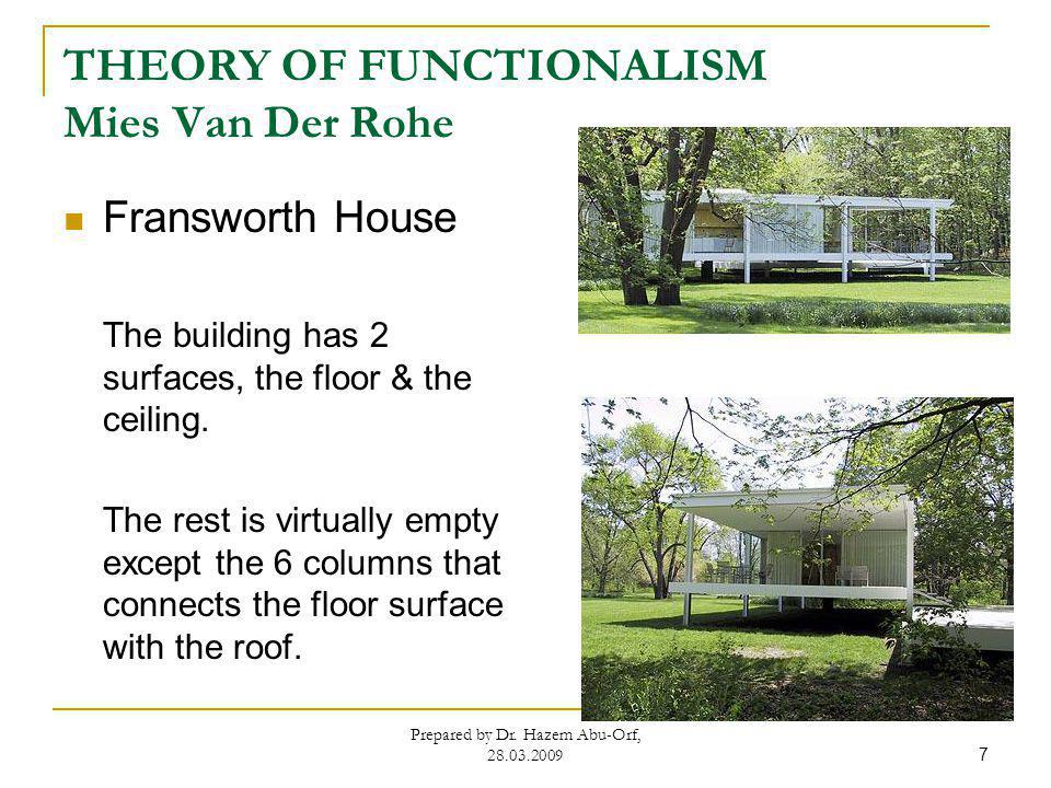 THEORY OF FUNCTIONALISM Mies Van Der Rohe Fransworth House The building has 2 surfaces, the floor & the ceiling.