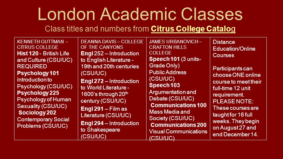 London Academic Classes Class titles and numbers from Citrus College CatalogCitrus College Catalog DEANNA DAVIS – COLLEGE OF THE CANYONS Engl 252 – Introduction to English Literature - 19th and 20th centuries (CSU/UC) Engl 272 – Introduction to World Literature s through 20 th century (CSU/UC) Engl 291 – Film as Literature (CSU/UC) Engl 294 – Introduction to Shakespeare (CSU/UC) KENNETH GUTTMAN – CITRUS COLLEGE Hist British Life and Culture (CSU/UC) REQUIRED Psychology 101 Introduction to Psychology (CSU/UC) Psychology 225 Psychology of Human Sexuality (CSU/UC) Sociology 202 Contemporary Social Problems (CSU/UC) Distance Education/Online Courses Participants can choose ONE online course to meet their full-time 12 unit requirement.