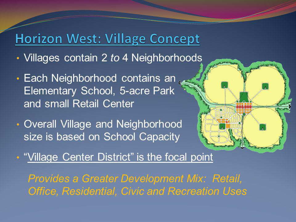 Villages contain 2 to 4 Neighborhoods Each Neighborhood contains an Elementary School, 5-acre Park and small Retail Center Overall Village and Neighborhood size is based on School Capacity Village Center District is the focal point Provides a Greater Development Mix: Retail, Office, Residential, Civic and Recreation Uses