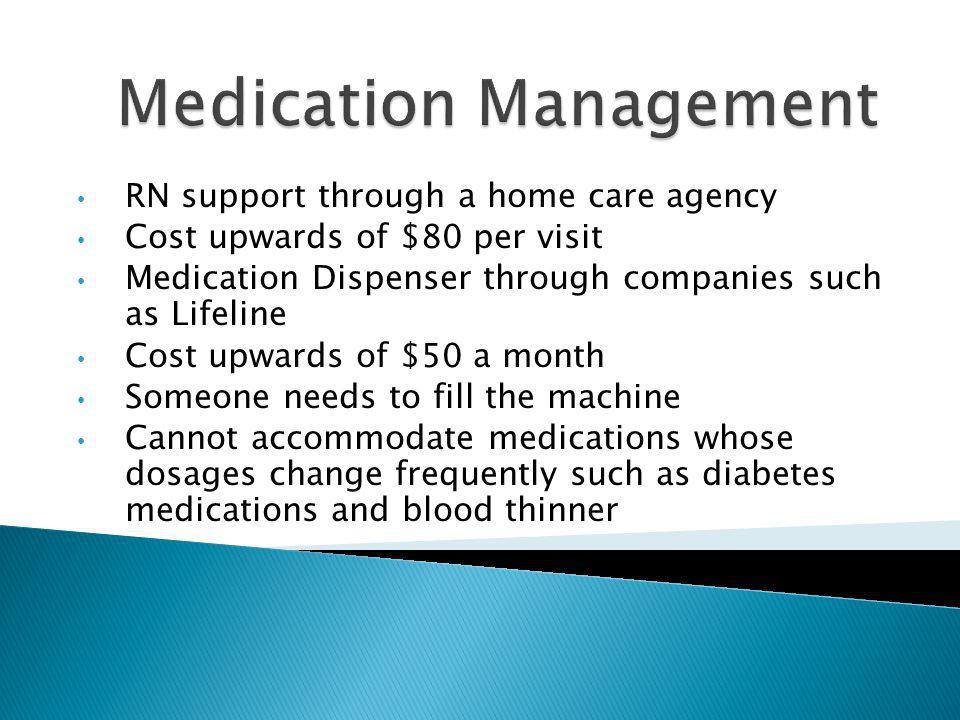 RN support through a home care agency Cost upwards of $80 per visit Medication Dispenser through companies such as Lifeline Cost upwards of $50 a month Someone needs to fill the machine Cannot accommodate medications whose dosages change frequently such as diabetes medications and blood thinner