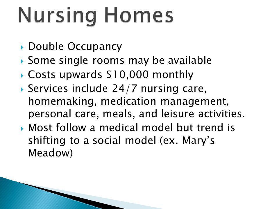 Double Occupancy Some single rooms may be available Costs upwards $10,000 monthly Services include 24/7 nursing care, homemaking, medication management, personal care, meals, and leisure activities.