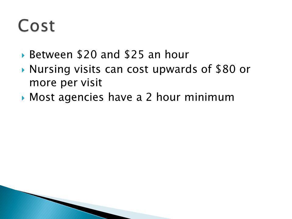 Between $20 and $25 an hour Nursing visits can cost upwards of $80 or more per visit Most agencies have a 2 hour minimum